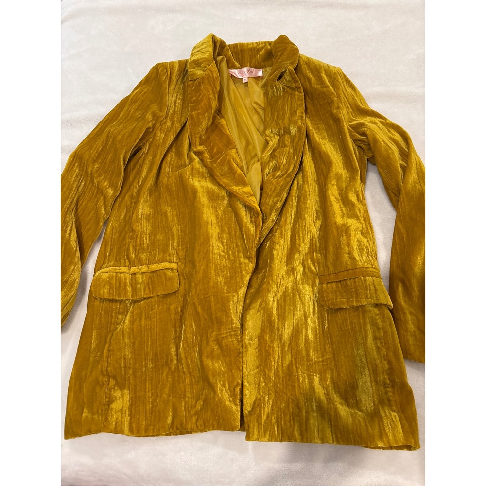 Scandal Italy June Blazer Mustard Yellow Crushed Velvet Open Front Jacket Size M